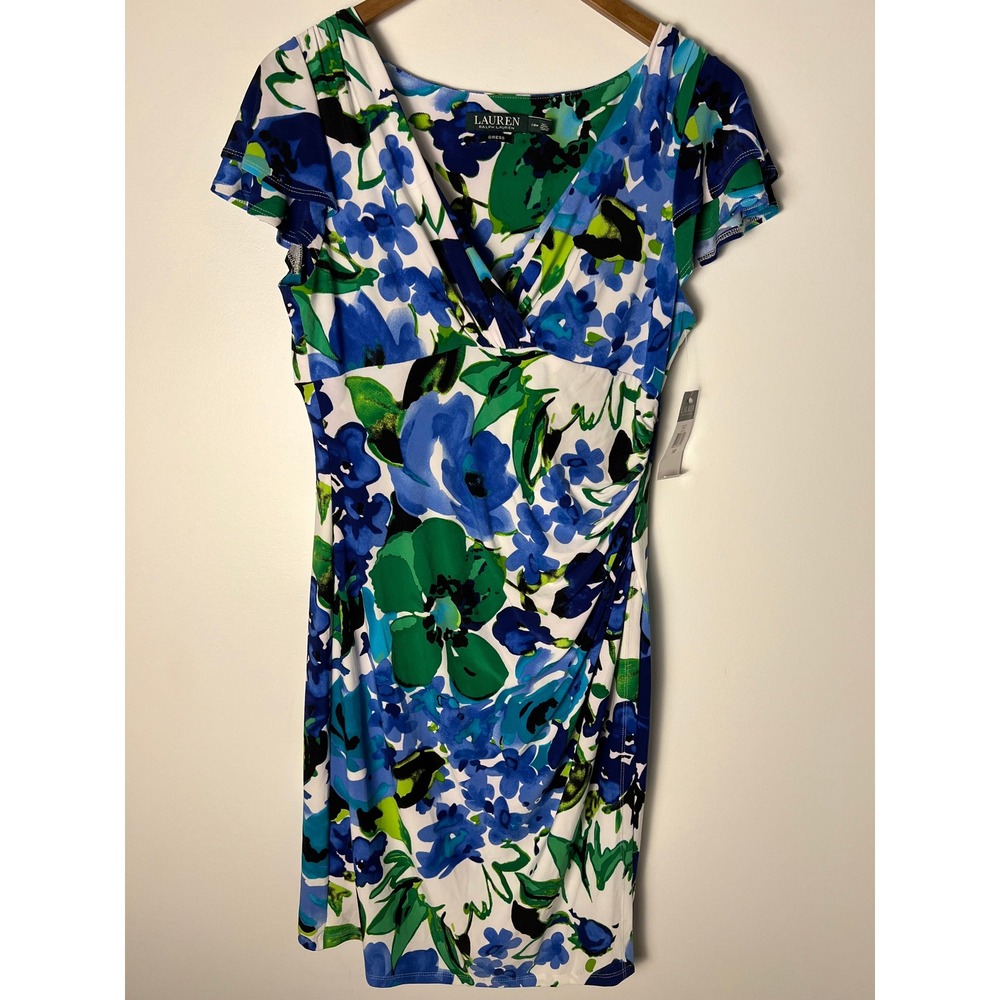 NWT! Lauren Ralph Lauren Sheath Dress 14P Blue Floral Flutter V-Neck Luxury